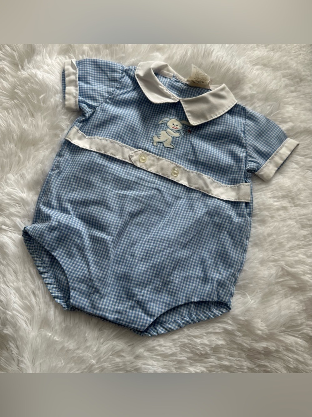 VTG nannekins blue gingham baby boy romper 0-3 mo bunny